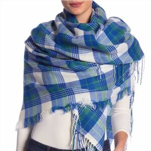 Madewell Plaid Blanket Scarf Western Soft Winter Fall Fringe Blue White Green